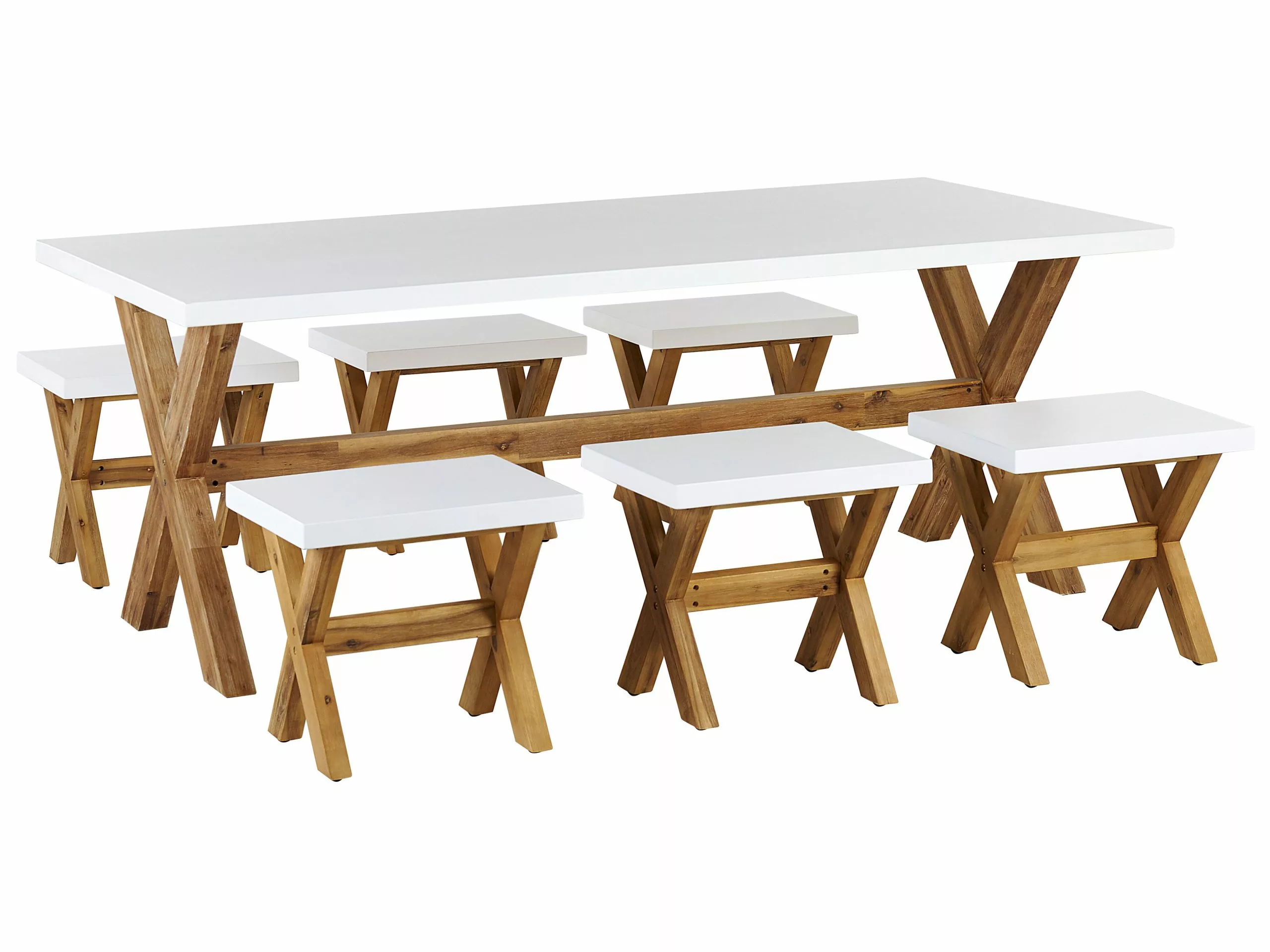 Beliani 6-istuttava Ulkoruokailuryhmä Jakkaroilla Kuitusementti Valkoinen OLBIA