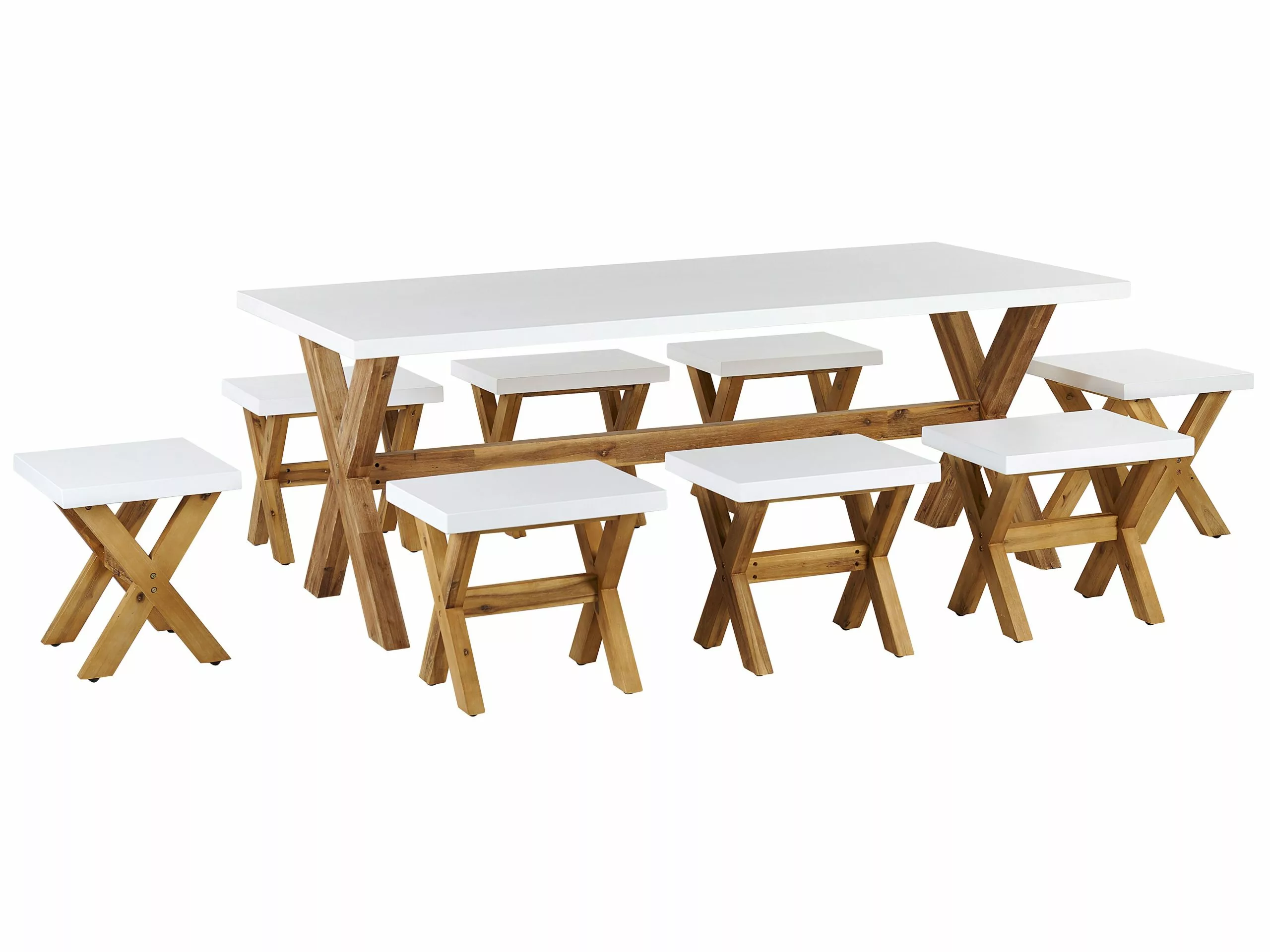 Beliani 8-istuttava Ulkoruokailuryhmä Jakkaroilla Kuitusementti Valkoinen OLBIA